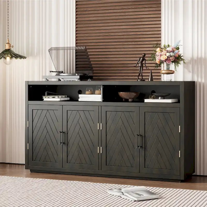 Enfilade Classique Moderne 4 Portes avec Rangement Ouvert et Étagères Réglables