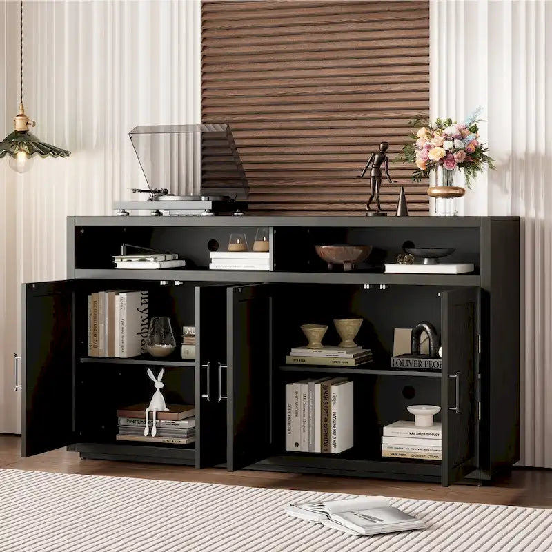 Enfilade Classique Moderne 4 Portes avec Rangement Ouvert et Étagères Réglables