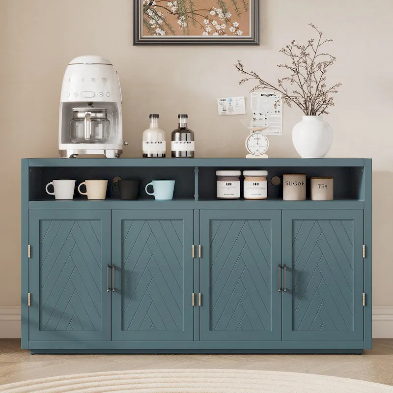 Enfilade Classique Moderne 4 Portes avec Rangement Ouvert et Étagères Réglables