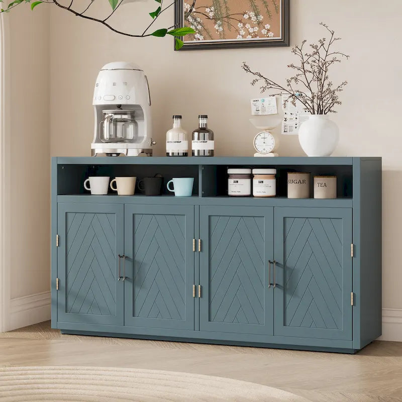 Enfilade Classique Moderne 4 Portes avec Rangement Ouvert et Étagères Réglables