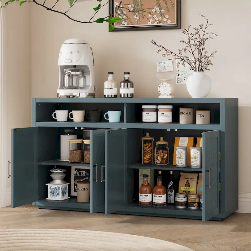 Enfilade Classique Moderne 4 Portes avec Rangement Ouvert et Étagères Réglables