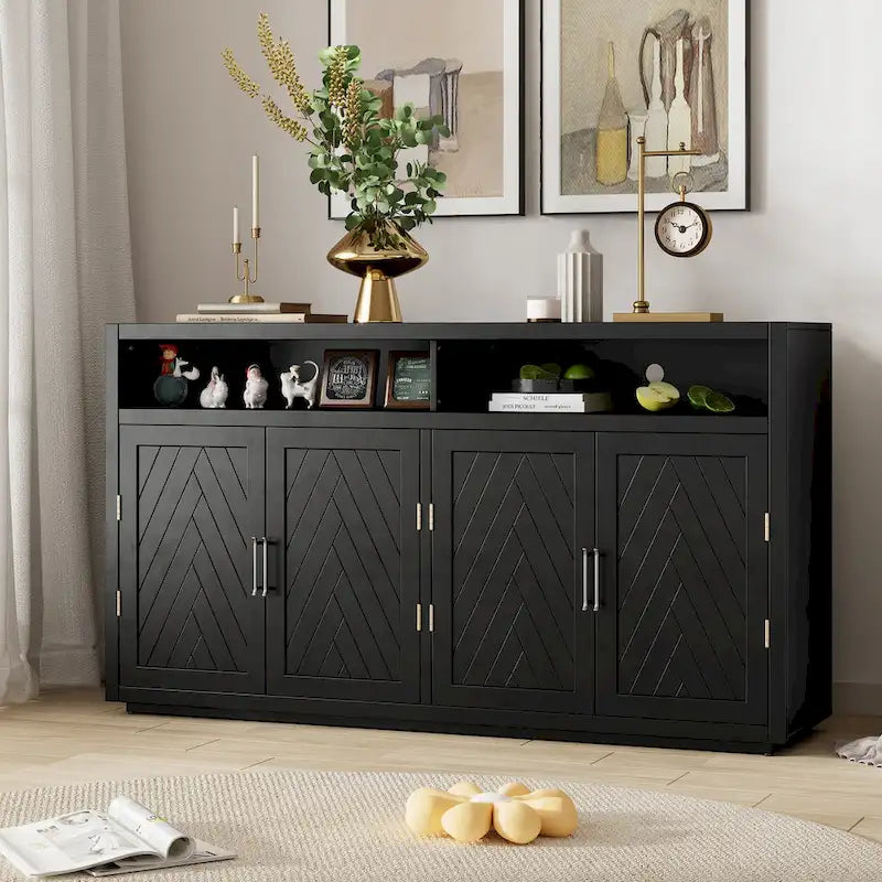 Enfilade Classique Moderne 4 Portes avec Rangement Ouvert et Étagères Réglables