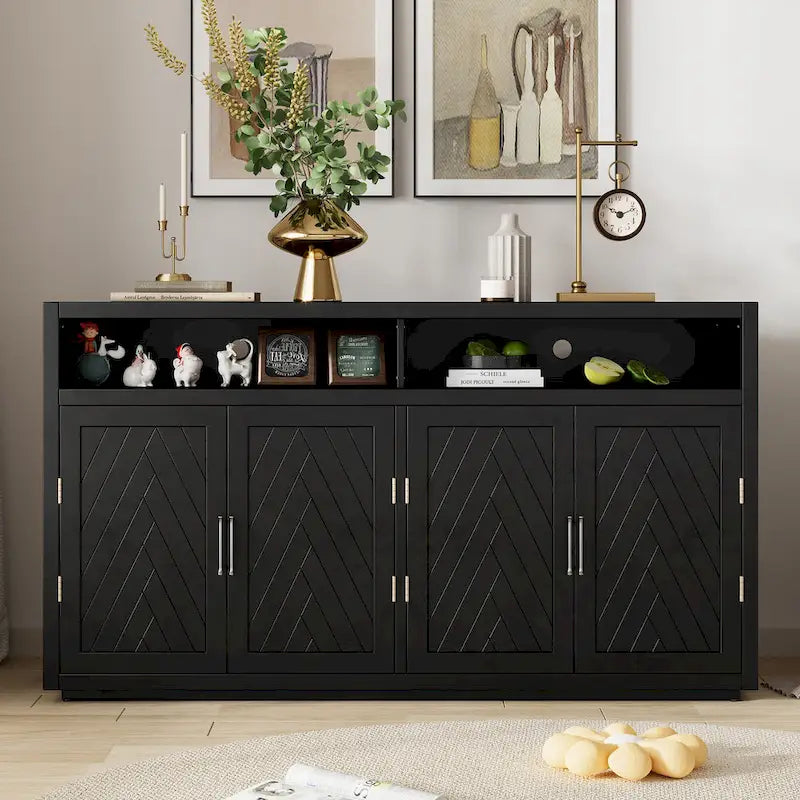 Enfilade Classique Moderne 4 Portes avec Rangement Ouvert et Étagères Réglables