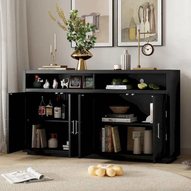Enfilade Classique Moderne 4 Portes avec Rangement Ouvert et Étagères Réglables