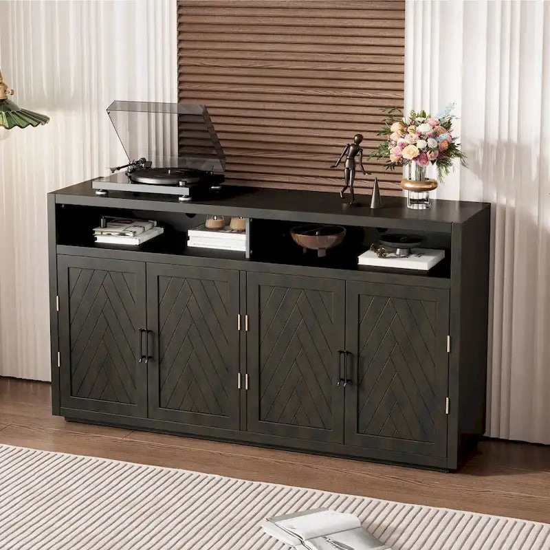 Enfilade Classique Moderne 4 Portes avec Rangement Ouvert et Étagères Réglables