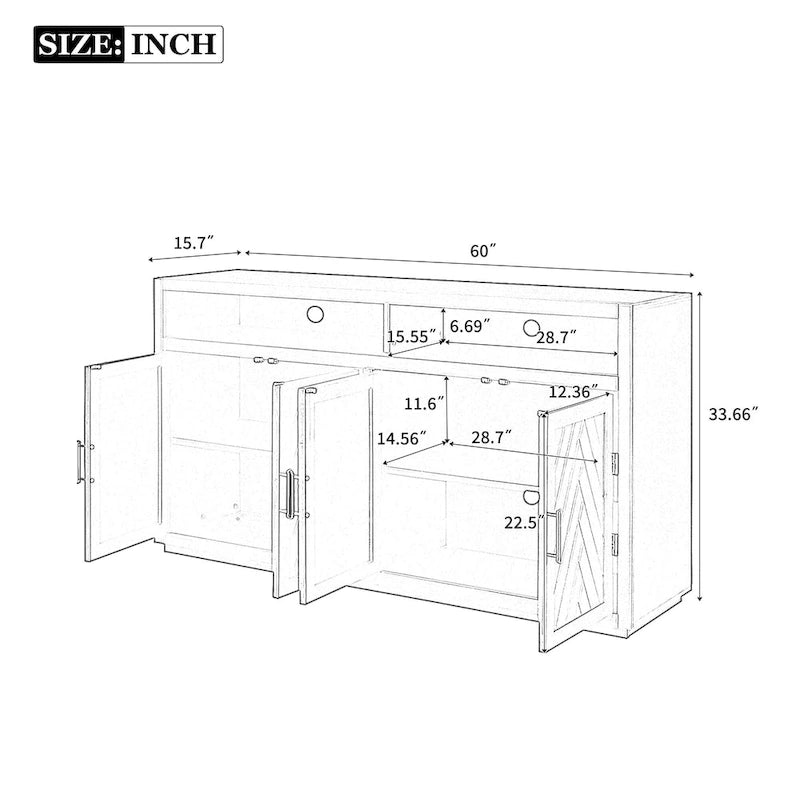 Enfilade Classique Moderne 4 Portes avec Rangement Ouvert et Étagères Réglables