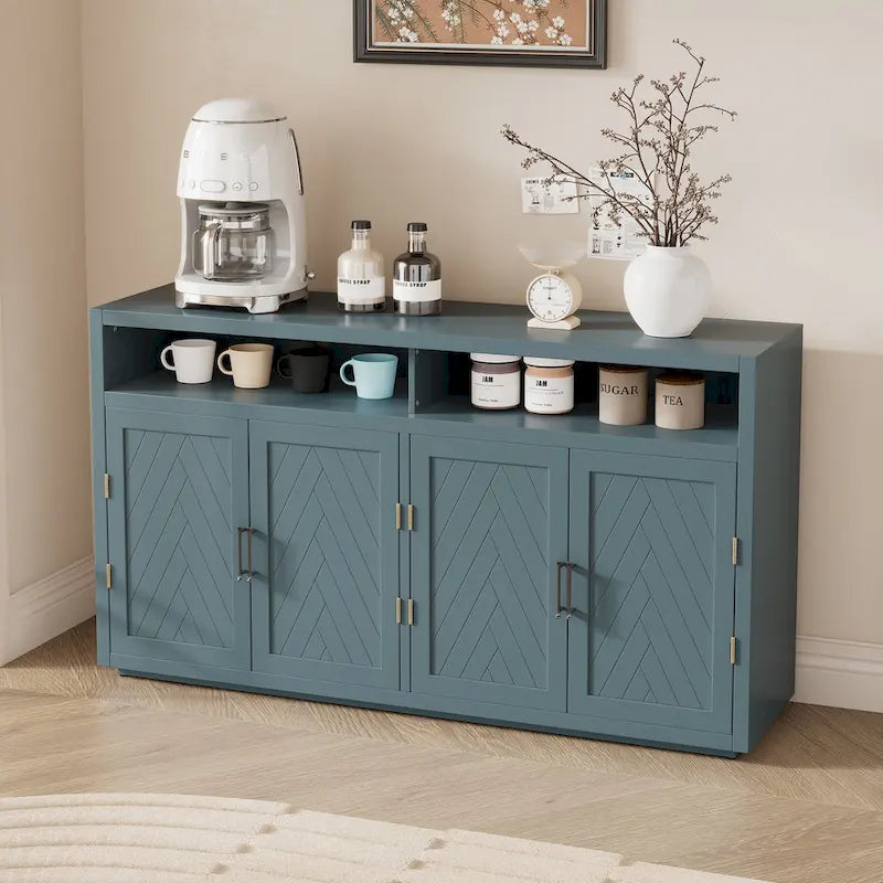Enfilade Classique Moderne 4 Portes avec Rangement Ouvert et Étagères Réglables