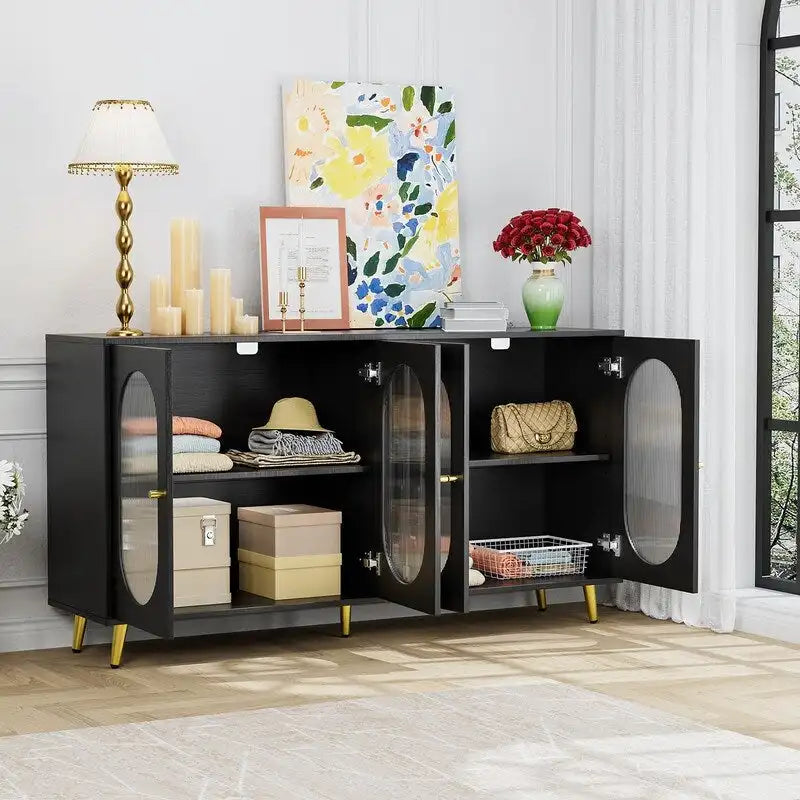 Bahut/Enfilade moderne minimaliste en bois Grondin avec 4 portes en acrylique et étagères intérieures réglables