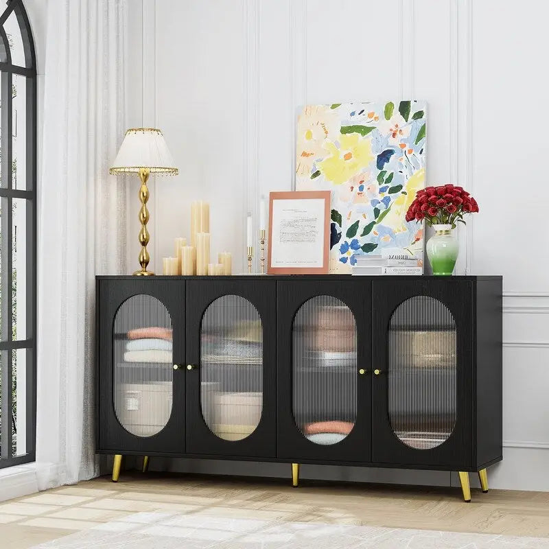 Bahut/Enfilade moderne minimaliste en bois Grondin avec 4 portes en acrylique et étagères intérieures réglables