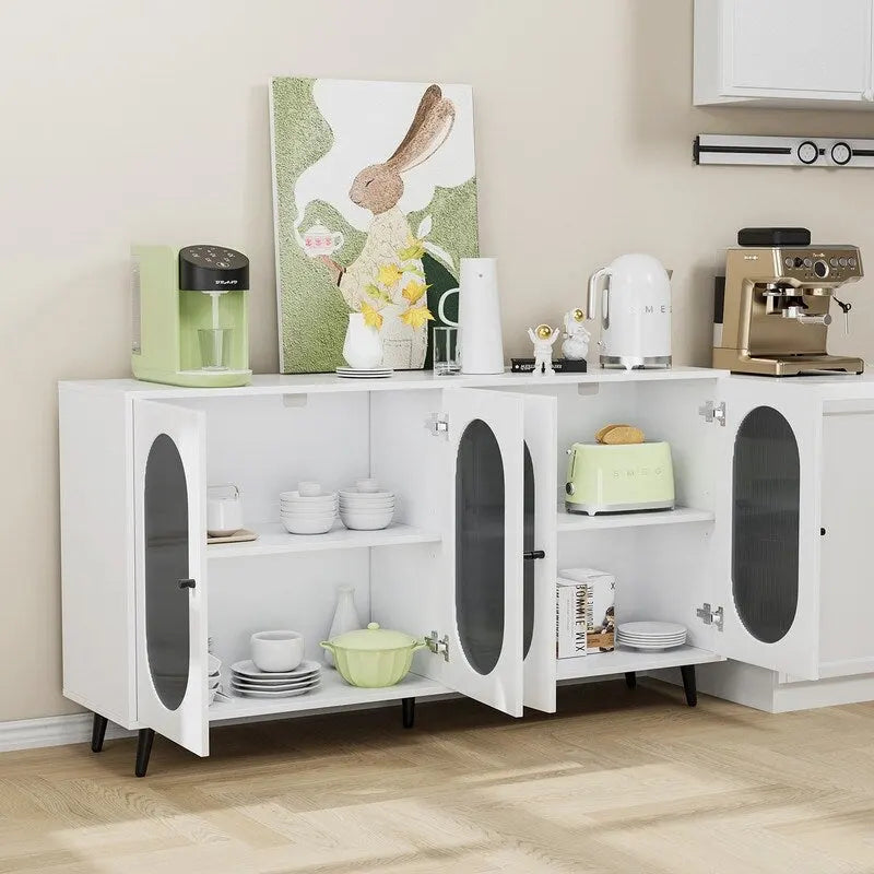 Bahut/Enfilade moderne minimaliste en bois Grondin avec 4 portes en acrylique et étagères intérieures réglables