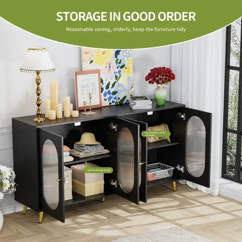 Bahut/Enfilade moderne minimaliste en bois Grondin avec 4 portes en acrylique et étagères intérieures réglables
