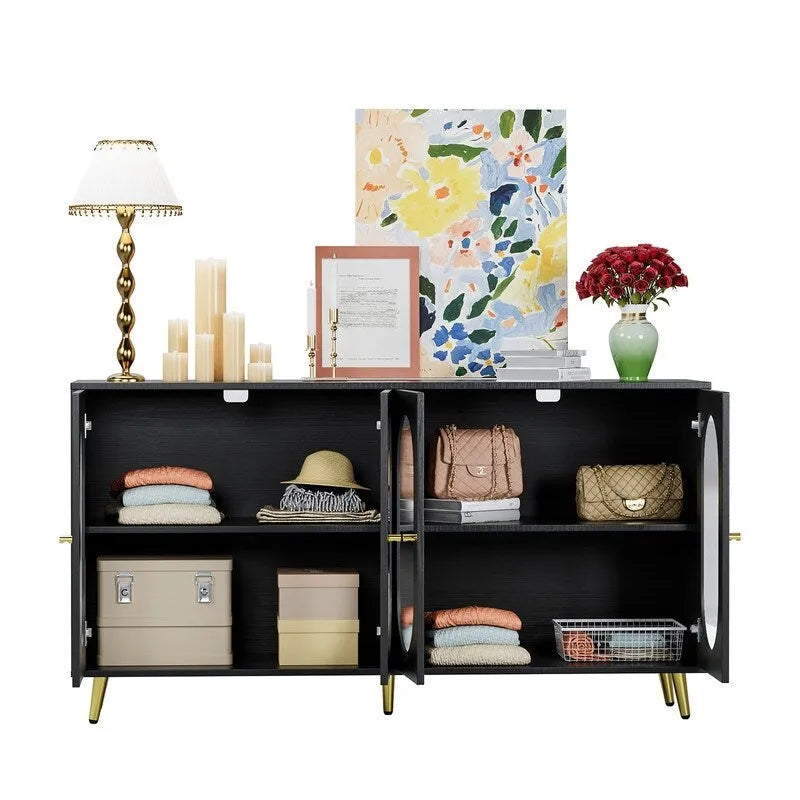 Bahut/Enfilade moderne minimaliste en bois Grondin avec 4 portes en acrylique et étagères intérieures réglables