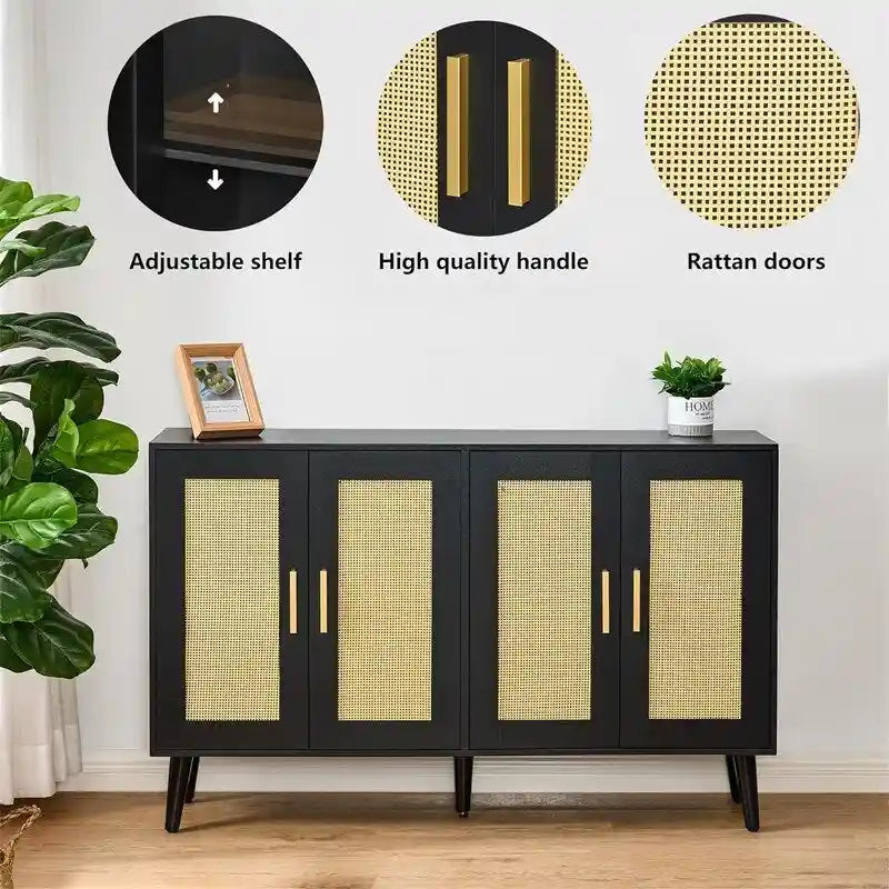 Buffet en rotin avec 4 portes et étagères réglables – 11,8P x 47,2L x 29,5H