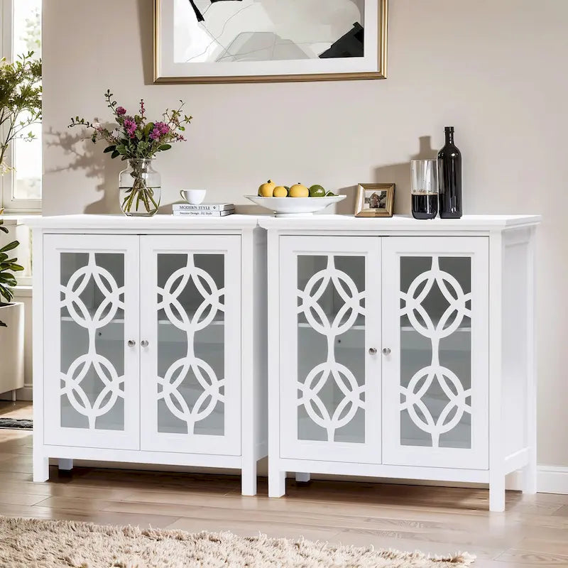 Buffet de 35,8 po de large en pin blanc avec portes vitrées (ensemble de 2)
