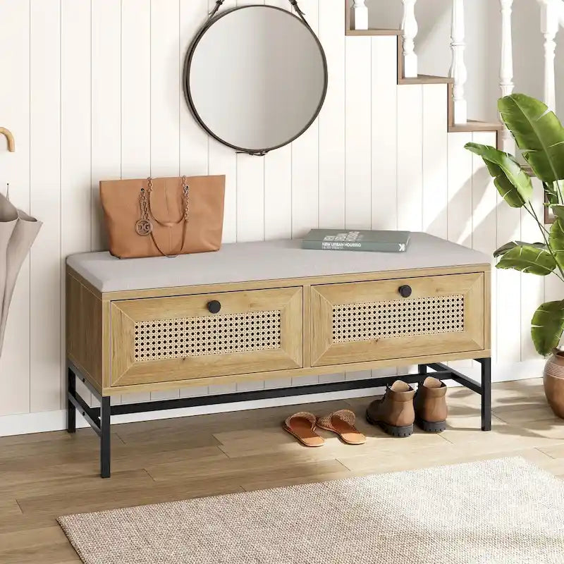 Banc à chaussures en rotin avec 2 tiroirs de rangement