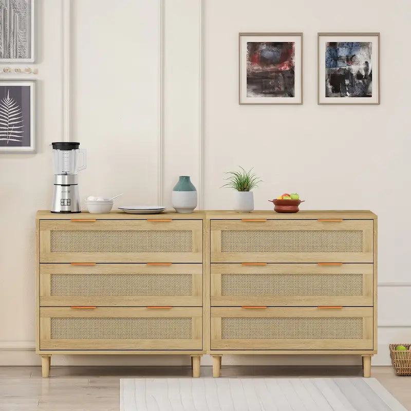 Meuble de rangement en rotin à 3 tiroirs (lot de 2)