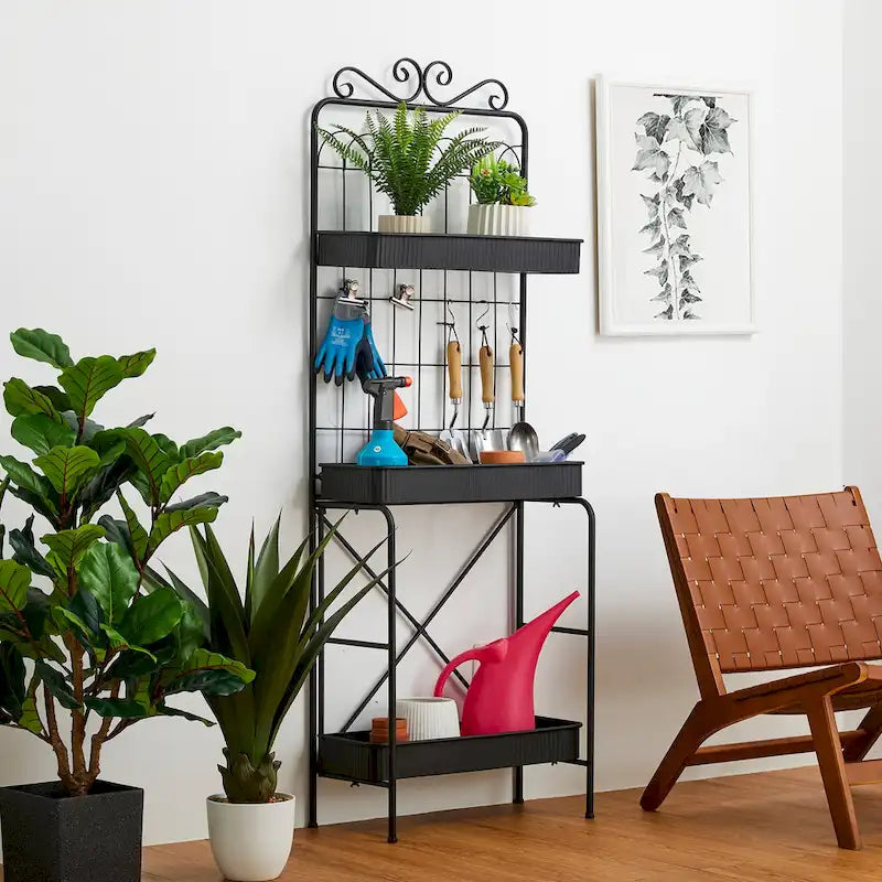 Glitzhome Étagère à 3 niveaux 68H, Support pour plantes en métal noir, Étagère de cuisine, Rangement multifonctionnel pour l'intérieur et l'extérieur