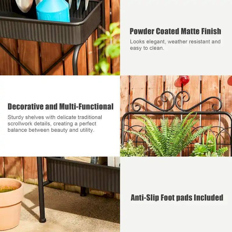 Glitzhome Étagère à 3 niveaux 68H, Support pour plantes en métal noir, Étagère de cuisine, Rangement multifonctionnel pour l'intérieur et l'extérieur