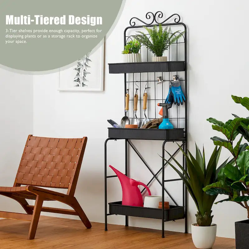 Glitzhome Étagère à 3 niveaux 68H, Support pour plantes en métal noir, Étagère de cuisine, Rangement multifonctionnel pour l'intérieur et l'extérieur