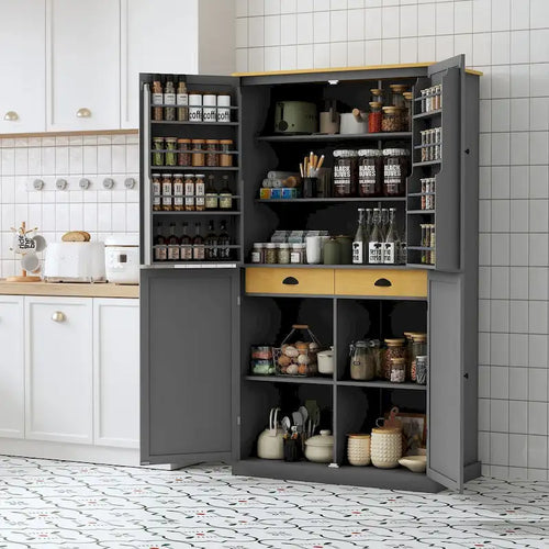 40.2x20x71.3inch High Freestanding Kitchen Pantry Cupboard Storage Cabinet with 2 Drawers,2 Adjustable Shelves,8 Door Shelves