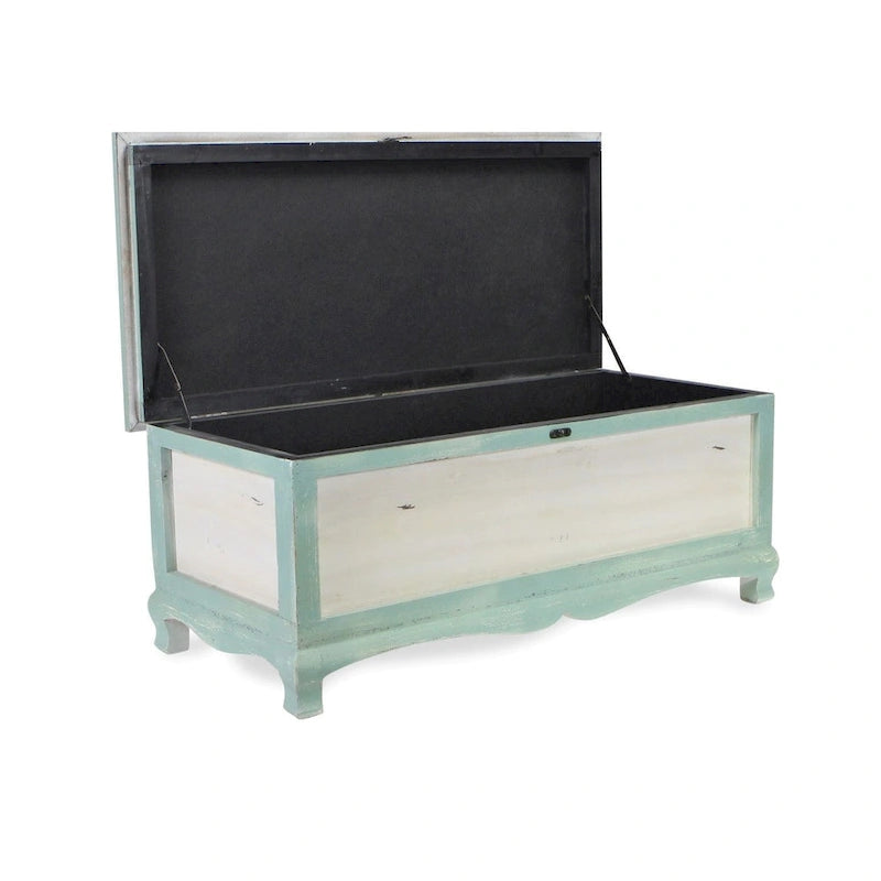 Banc coffre vieilli en bois vert écume avec coussin d'assise - L : 36 x l : 16,5 x H : 15