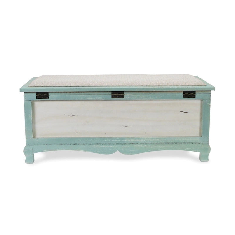 Banc coffre vieilli en bois vert écume avec coussin d'assise - L : 36 x l : 16,5 x H : 15