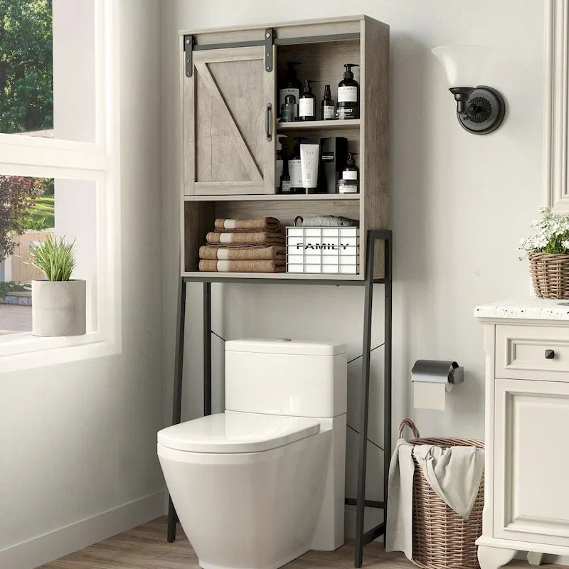 Meuble de rangement pour toilettes, Organisateur de salle de bain avec porte coulissante type "grange" et étagères réglables, Étagère de rangement - Voir image