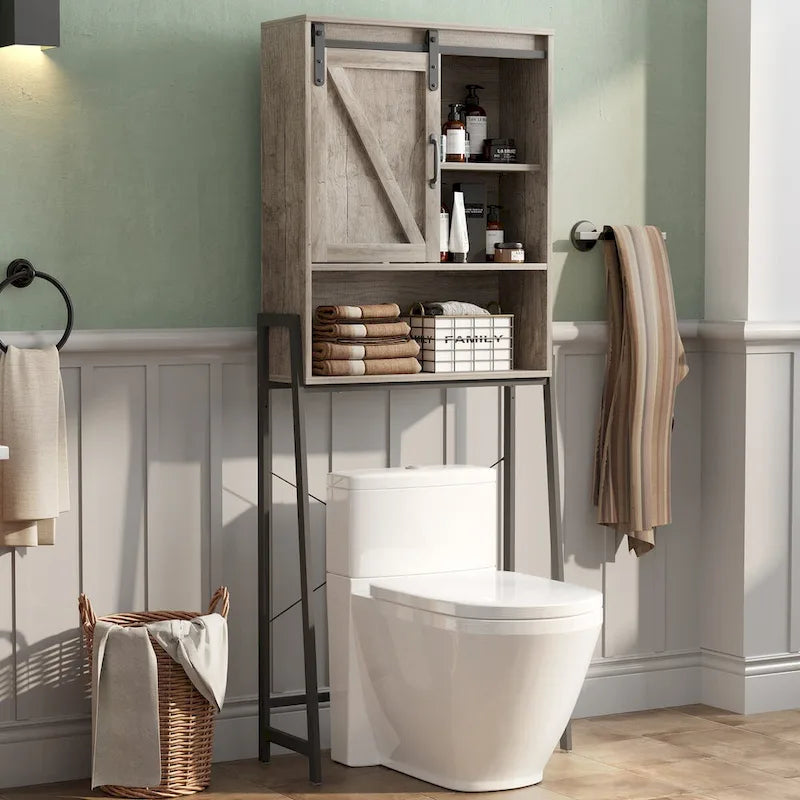 Meuble de rangement pour toilettes, Organisateur de salle de bain avec porte coulissante type "grange" et étagères réglables, Étagère de rangement - Voir image