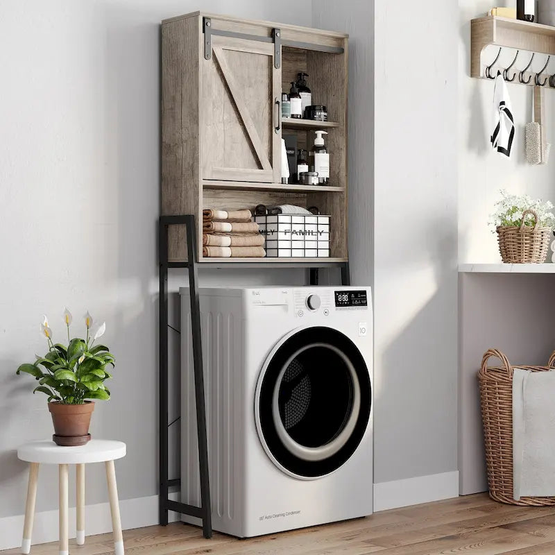 Meuble de rangement pour toilettes, Organisateur de salle de bain avec porte coulissante type "grange" et étagères réglables, Étagère de rangement - Voir image