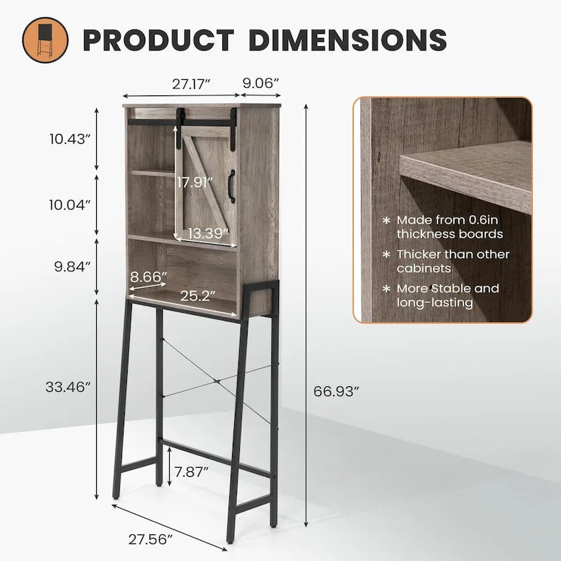 Meuble de rangement pour toilettes, Organisateur de salle de bain avec porte coulissante type "grange" et étagères réglables, Étagère de rangement - Voir image
