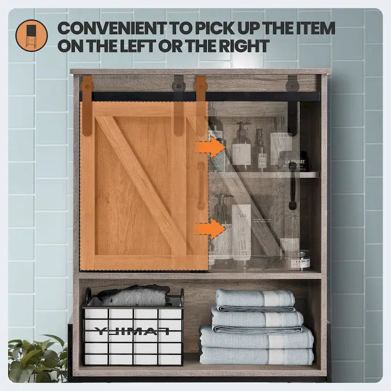 Meuble de rangement pour toilettes, Organisateur de salle de bain avec porte coulissante type "grange" et étagères réglables, Étagère de rangement - Voir image