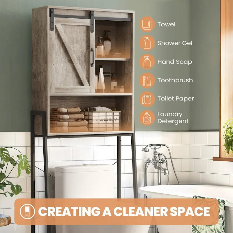 Meuble de rangement pour toilettes, Organisateur de salle de bain avec porte coulissante type "grange" et étagères réglables, Étagère de rangement - Voir image
