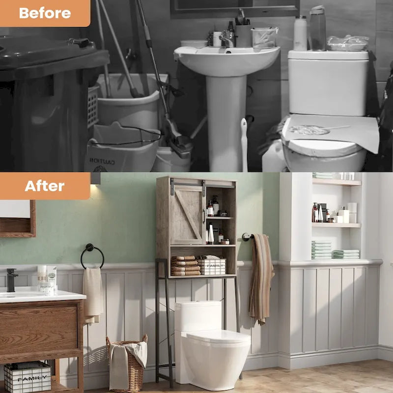 Meuble de rangement pour toilettes, Organisateur de salle de bain avec porte coulissante type "grange" et étagères réglables, Étagère de rangement - Voir image