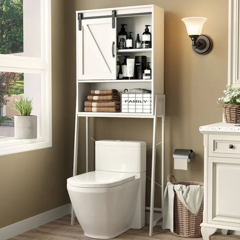 Meuble de rangement pour toilettes, Organisateur de salle de bain avec porte coulissante type "grange" et étagères réglables, Étagère de rangement - Voir image