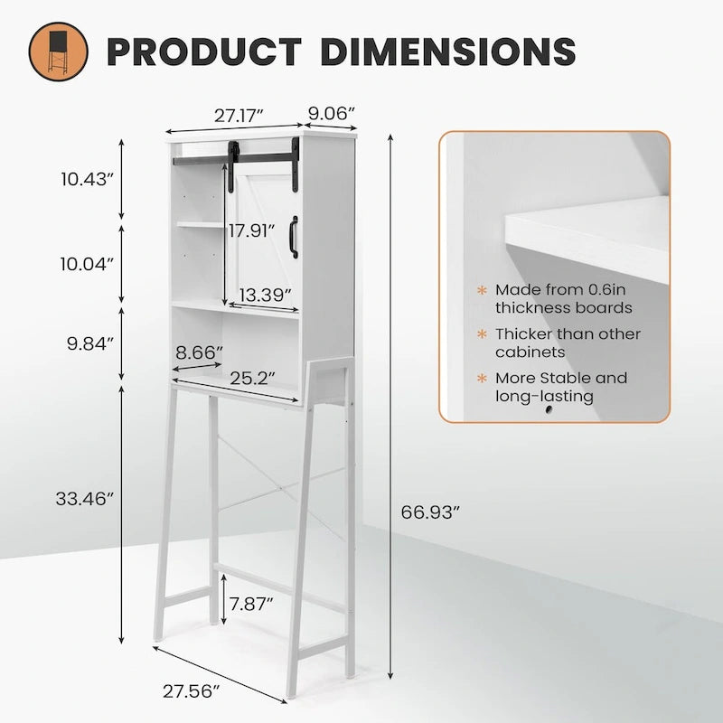 Meuble de rangement pour toilettes, Organisateur de salle de bain avec porte coulissante type "grange" et étagères réglables, Étagère de rangement - Voir image