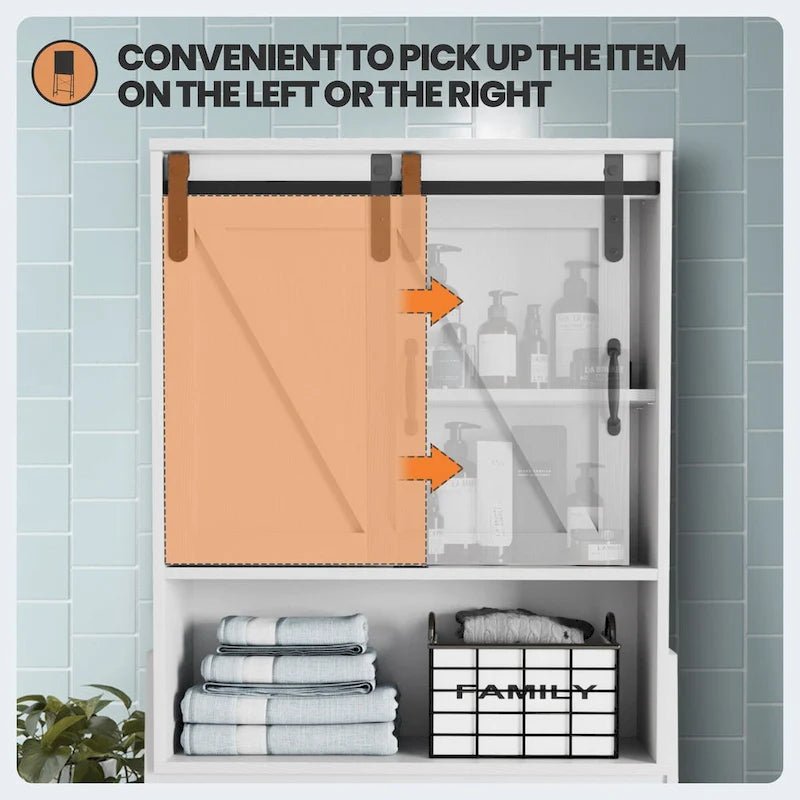Meuble de rangement pour toilettes, Organisateur de salle de bain avec porte coulissante type "grange" et étagères réglables, Étagère de rangement - Voir image