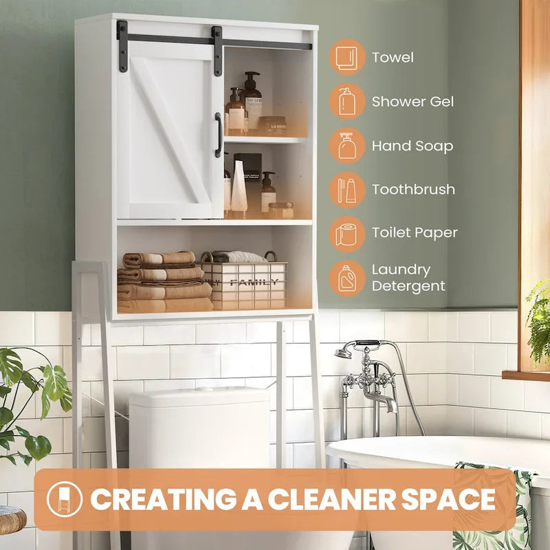 Meuble de rangement pour toilettes, Organisateur de salle de bain avec porte coulissante type "grange" et étagères réglables, Étagère de rangement - Voir image