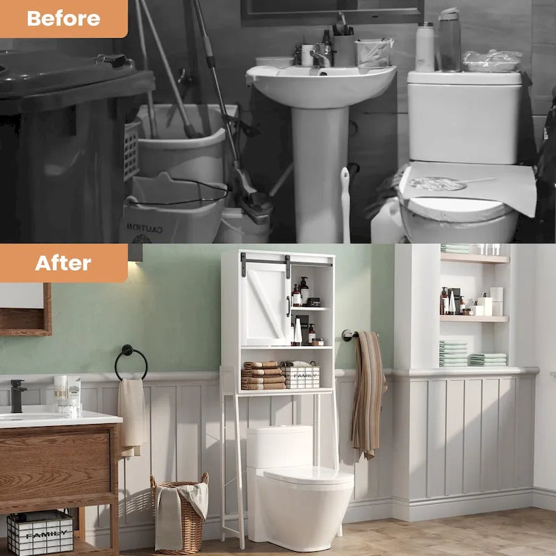 Meuble de rangement pour toilettes, Organisateur de salle de bain avec porte coulissante type "grange" et étagères réglables, Étagère de rangement - Voir image