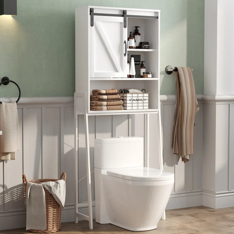 Meuble de rangement pour toilettes, Organisateur de salle de bain avec porte coulissante type "grange" et étagères réglables, Étagère de rangement - Voir image