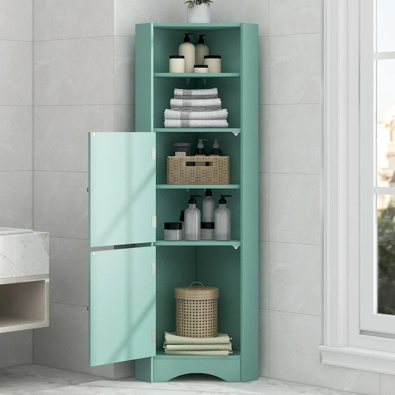 Meuble d'angle de salle de bain haut, armoire de rangement autoportante avec portes et étagères réglables, panneau MDF, vert