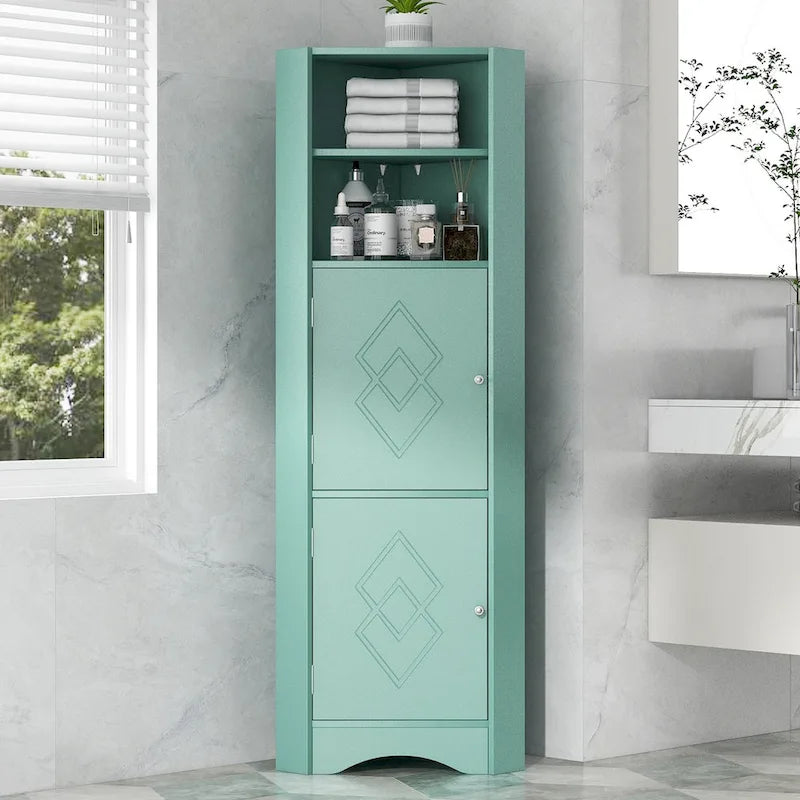 Meuble d'angle de salle de bain haut, armoire de rangement autoportante avec portes et étagères réglables, panneau MDF, vert
