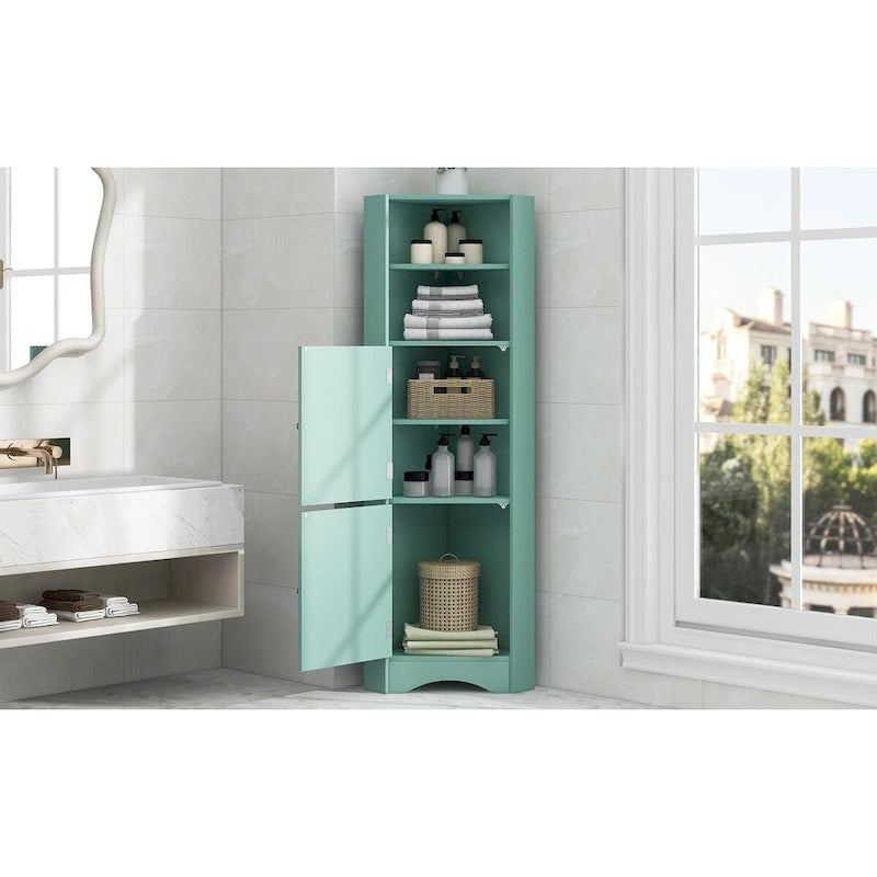 Meuble d'angle de salle de bain haut, armoire de rangement autoportante avec portes et étagères réglables, panneau MDF, vert