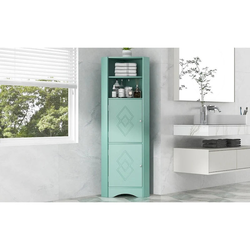 Meuble d'angle de salle de bain haut, armoire de rangement autoportante avec portes et étagères réglables, panneau MDF, vert
