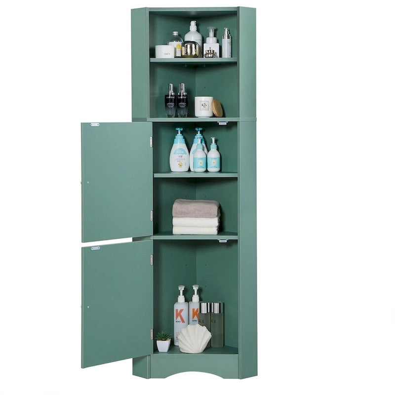 Meuble d'angle de salle de bain haut, armoire de rangement autoportante avec portes et étagères réglables, panneau MDF, vert