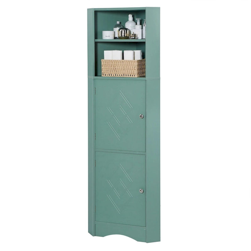 Meuble d'angle de salle de bain haut, armoire de rangement autoportante avec portes et étagères réglables, panneau MDF, vert