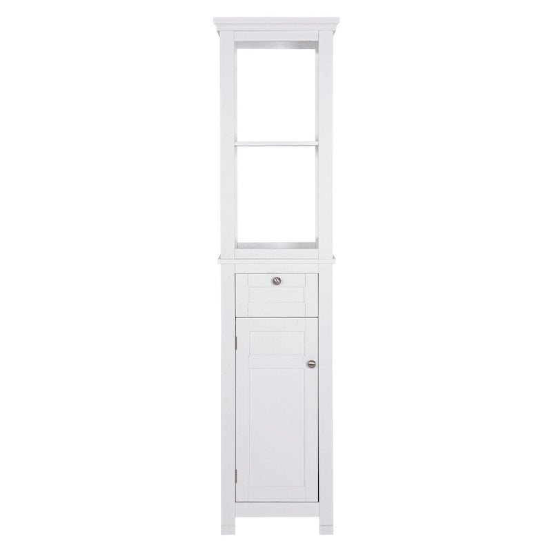 Meuble de rangement autoportant COSTARS pour salle de bain avec deux étagères ouvertes, colonne haute et mince avec porte et tiroir