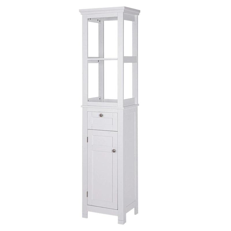 Meuble de rangement autoportant COSTARS pour salle de bain avec deux étagères ouvertes, colonne haute et mince avec porte et tiroir