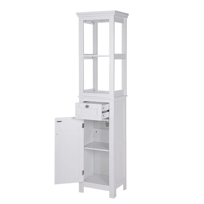 Meuble de rangement autoportant COSTARS pour salle de bain avec deux étagères ouvertes, colonne haute et mince avec porte et tiroir