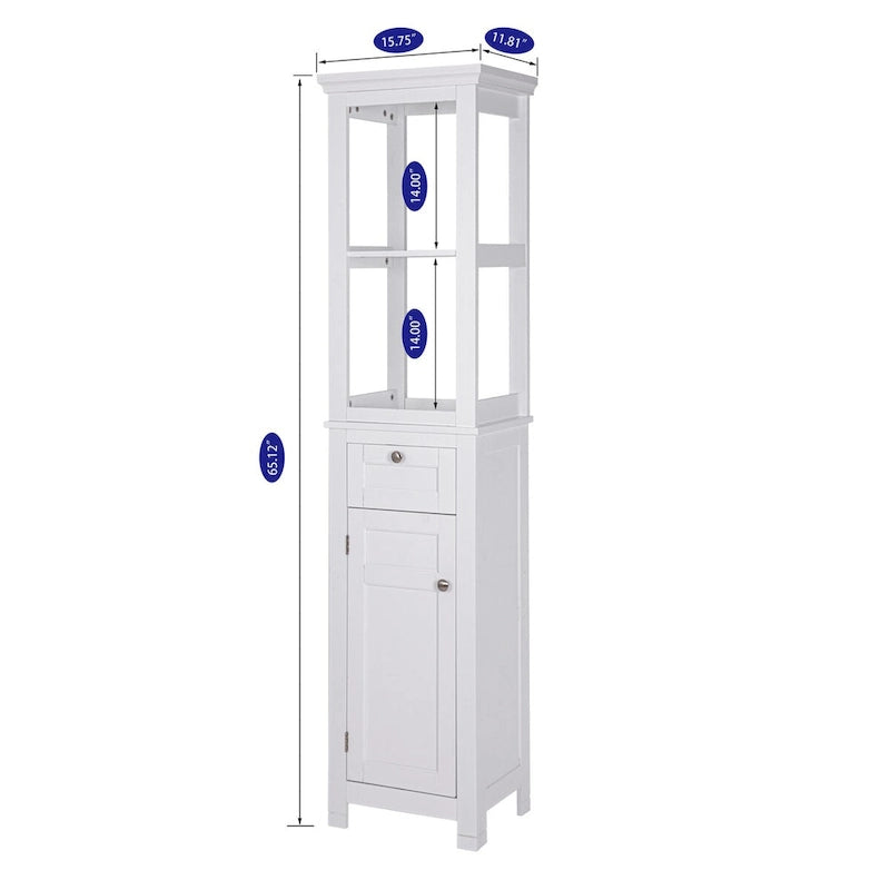 Meuble de rangement autoportant COSTARS pour salle de bain avec deux étagères ouvertes, colonne haute et mince avec porte et tiroir
