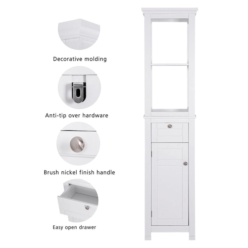 Meuble de rangement autoportant COSTARS pour salle de bain avec deux étagères ouvertes, colonne haute et mince avec porte et tiroir